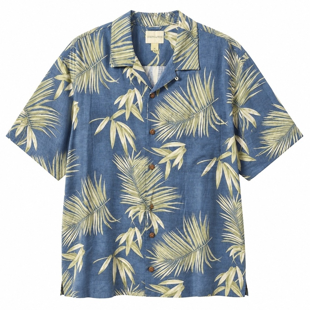Vtg JOSEPH & FEISS 100% Silk Hawaiian Aloha S/S Camp Shirt Sz XL Green Palm Leaf